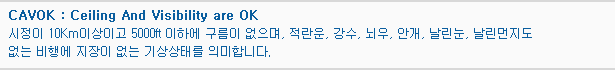 CAVOK : 시정이 10km 이상이고 5000ft 이하에 구름이 없어 비행에 지장이 없는 기상상태를 의미합니다.